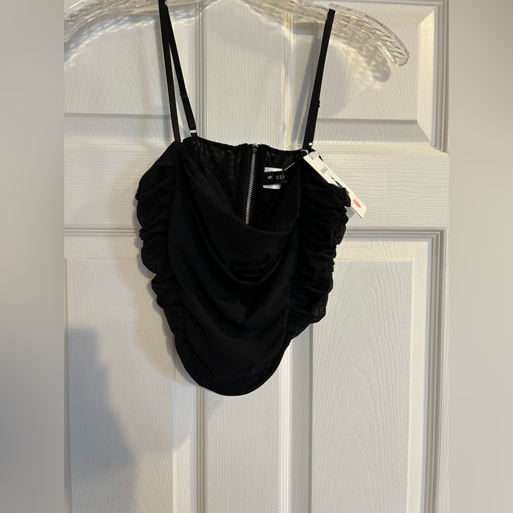 Zesica Black Ruched Crop Cowl Neck Tank (NWT)